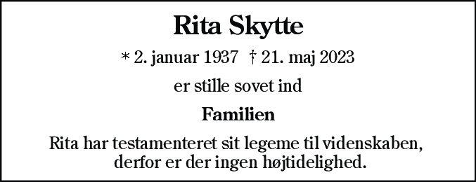 Dødsannonce for Rita Skytte