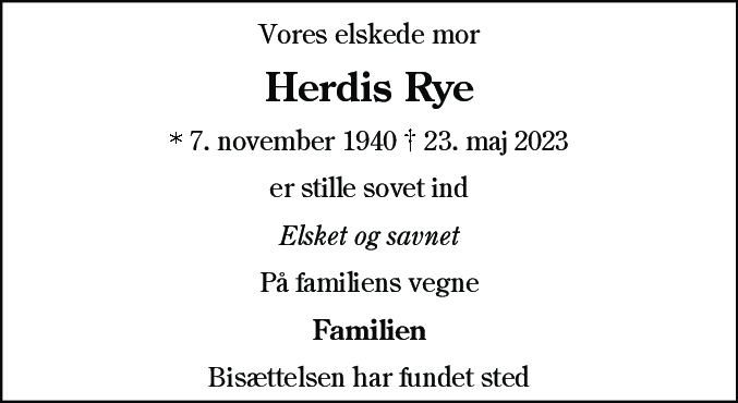 Dødsannonce for Herdis Rye