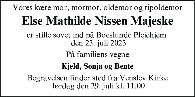 Dødsannonce for Else Mathilde Nissen Majeske
