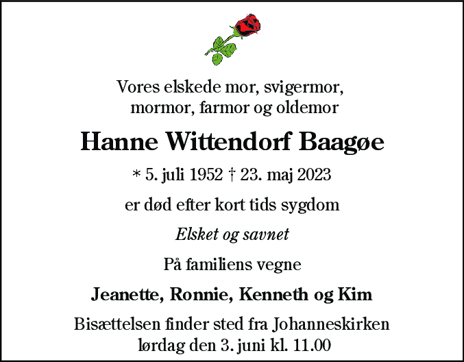 Dødsannonce for Hanne Wittendorf Baagøe