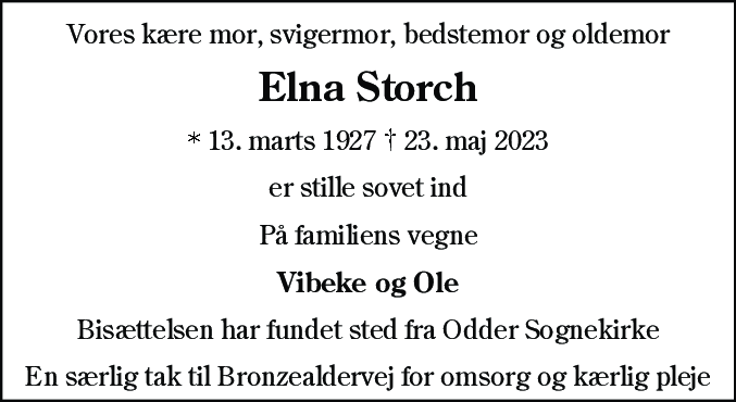 Dødsannonce for Elna Mathilde Storch