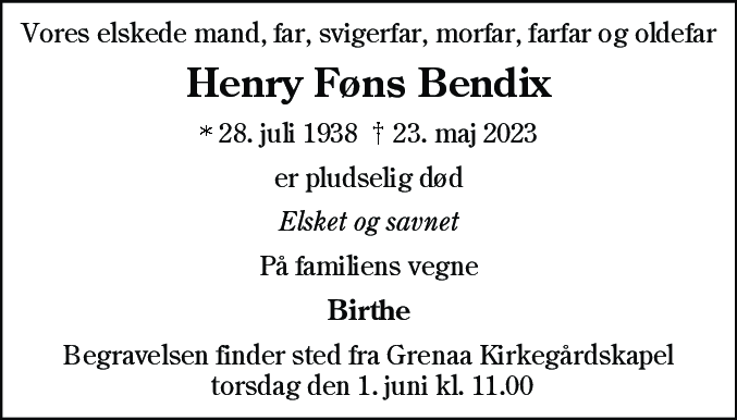 Dødsannonce for Henry Føns Bendix