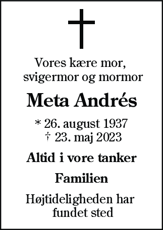 Dødsannonce for Meta Selmer Andres