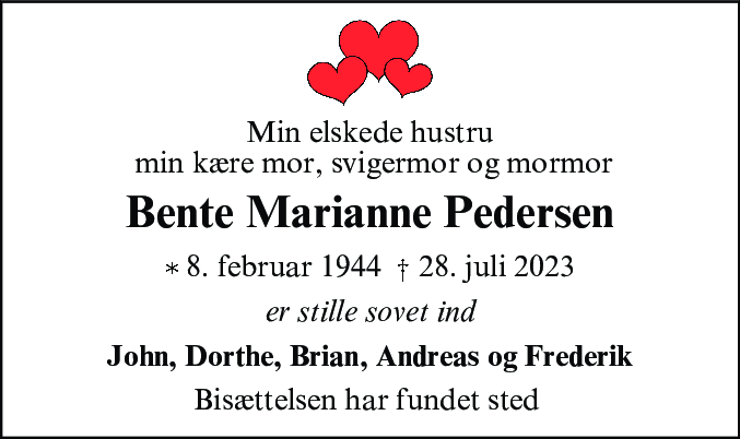 Dødsannonce for Bente Marianne Pedersen