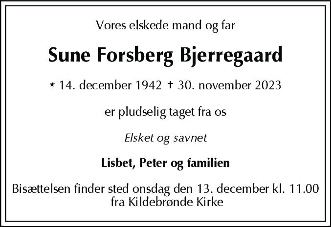 Dødsannonce for Sune Forsberg Bjerregaard