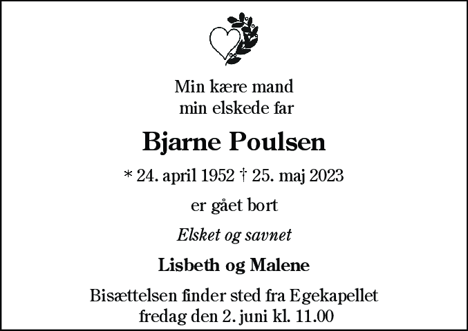Dødsannonce for Bjarne Poulsen