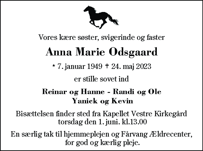 Dødsannonce for Anna Marie Odsgaard