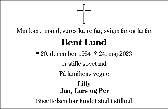 Dødsannonce for Bent Lund