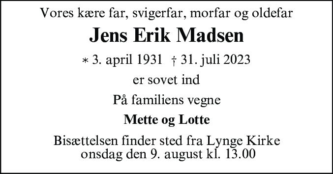 Dødsannonce for Jens Erik Madsen