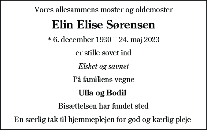 Dødsannonce for Elin Elise Sørensen