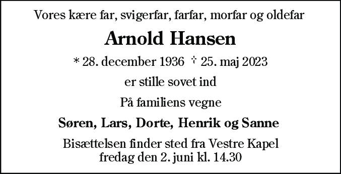 Dødsannonce for Arnold Hansen
