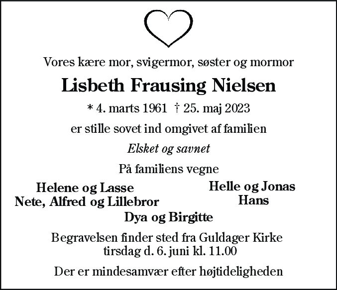 Dødsannonce for Lisbeth Frausing Nielsen