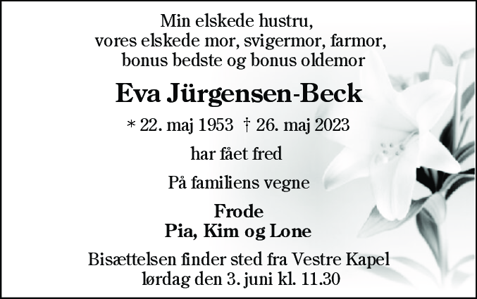 Dødsannonce for Eva Jürgensen-Beck