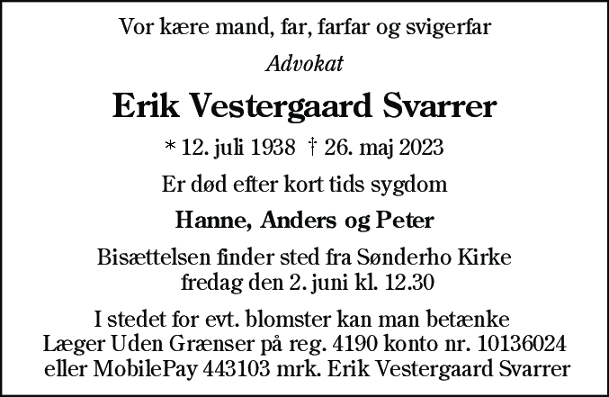Dødsannonce for Erik Vestergaard Svarrer