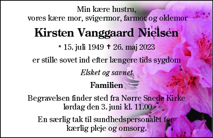 Dødsannonce for Kirsten Vanggaard Nielsen