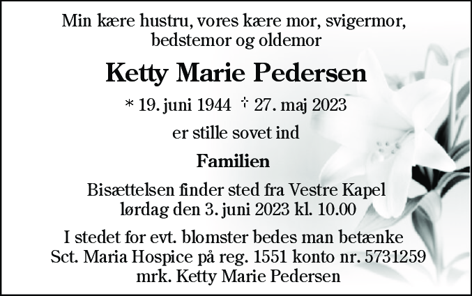 Dødsannonce for Ketty Marie Pedersen