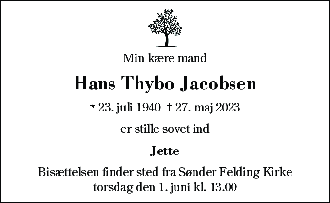Dødsannonce for Hans Jacob Thybo Jacobsen