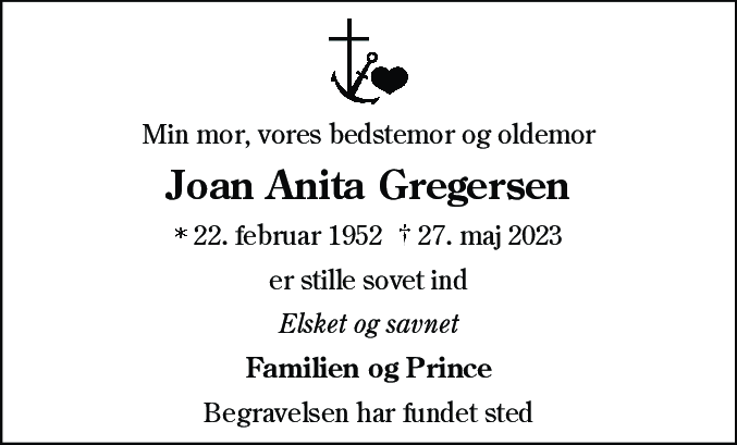 Dødsannonce for Joan Anita Gregersen