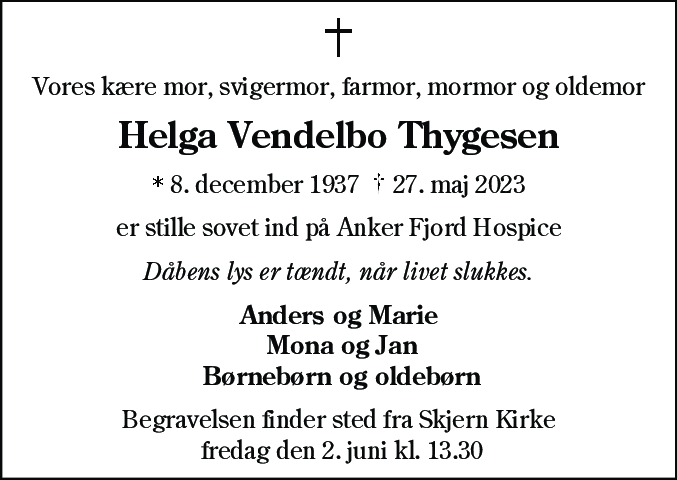 Dødsannonce for Helga Vendelbo Thygesen