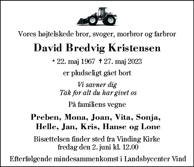 Dødsannonce for David Bredvig Kristensen