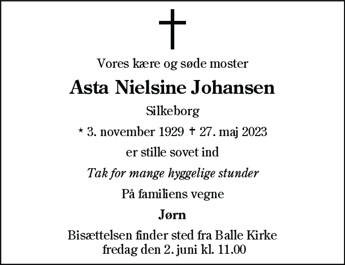 Dødsannonce for Asta Nielsine Johansen