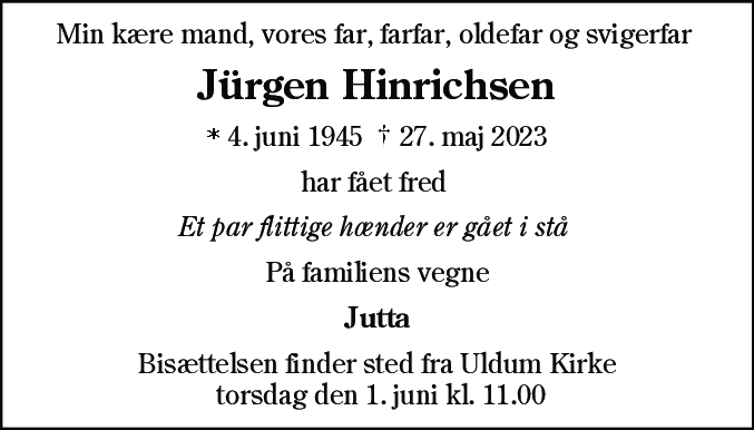 Dødsannonce for Jürgen Hinrichsen