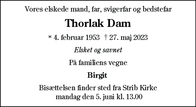 Dødsannonce for Thorlak Poul Dam