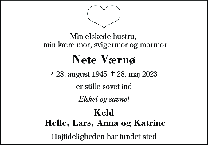 Dødsannonce for Agnete Værnø