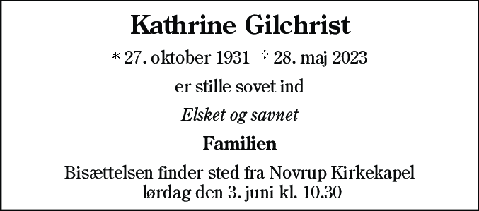Dødsannonce for Kathrine Gilchrist