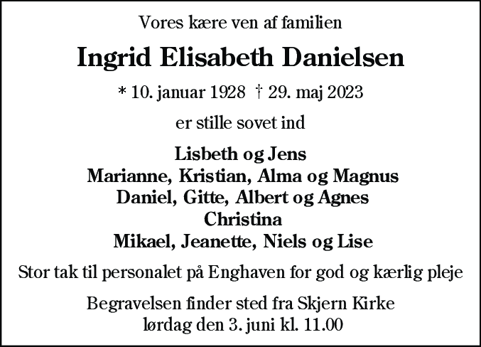 Dødsannonce for Ingrid Elisabeth Danielsen