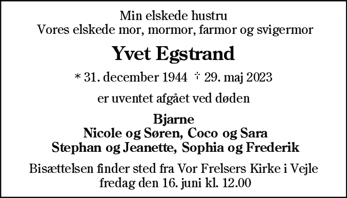 Dødsannonce for Yvet Egstrand