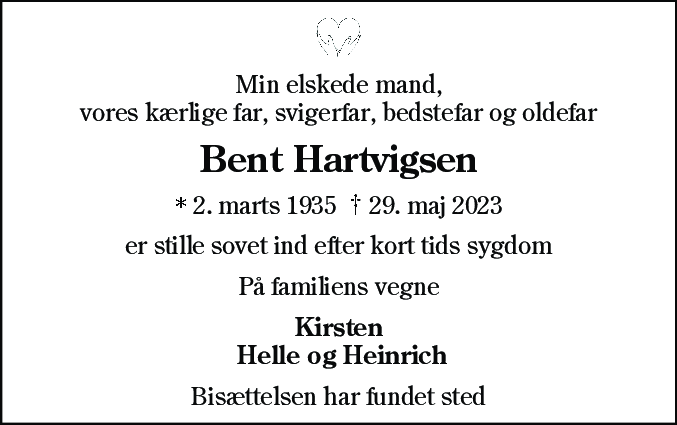 Dødsannonce for Bent Hartvigsen