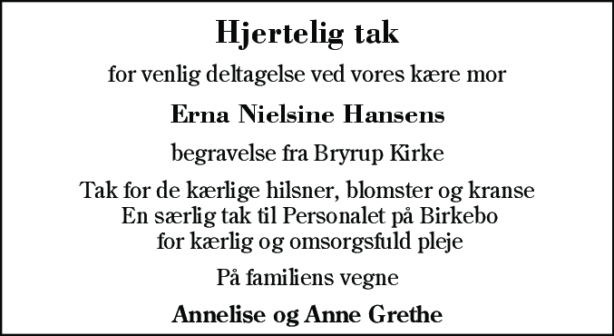Dødsannonce for Erna Nielsine Hansen
