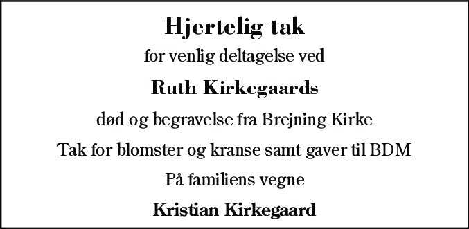 Dødsannonce for Ruth Kirkegaard