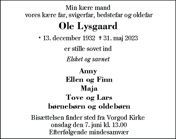 Dødsannonce for Ole Lysgaard