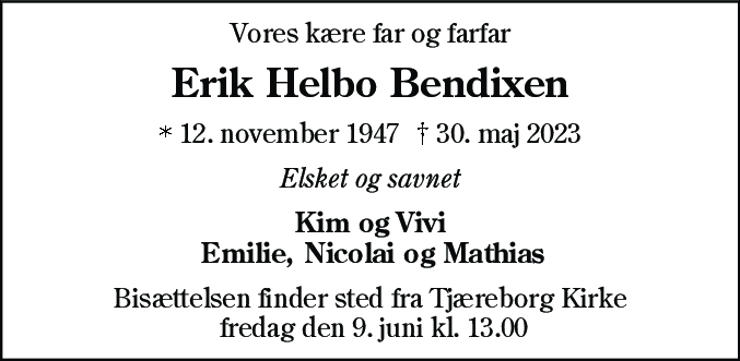 Dødsannonce for Erik Helbo Bendixen