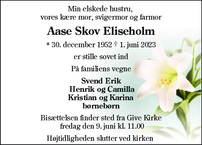 Dødsannonce for Aase Skov Eliseholm