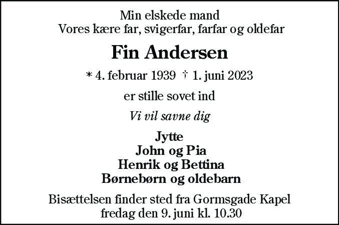 Dødsannonce for Fin Andersen