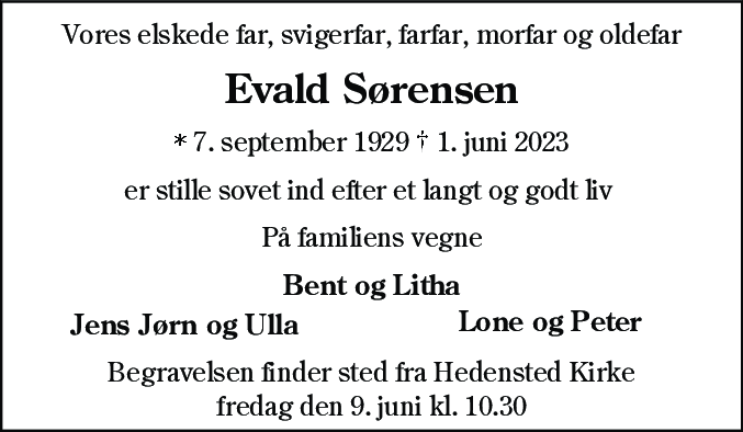Dødsannonce for Evald Sørensen