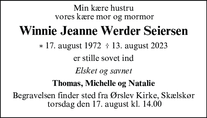 Dødsannonce for Winnie Jeanne Werder Seiersen