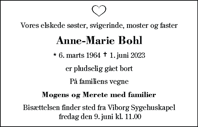 Dødsannonce for Anne-Marie Bohl