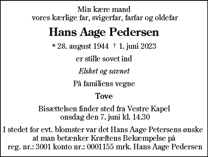 Dødsannonce for Hans Aage Pedersen