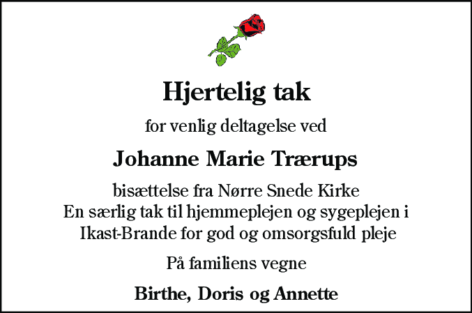 Dødsannonce for Johanne Marie Trærup