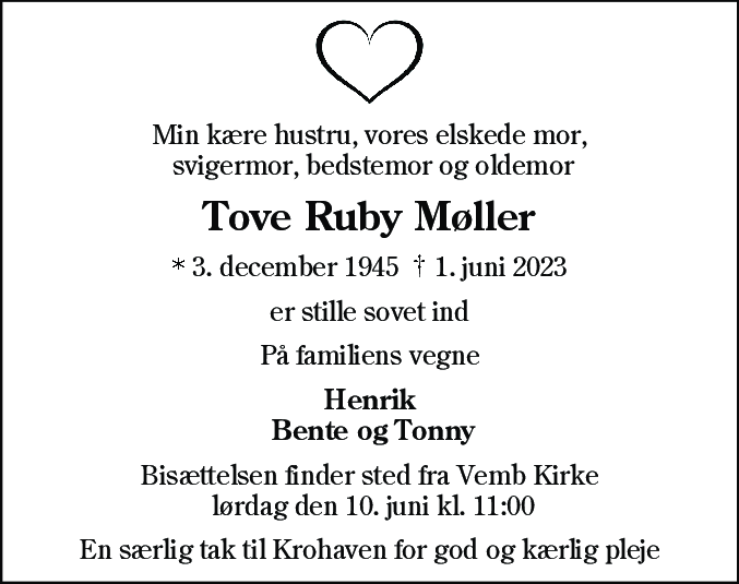 Dødsannonce for Tove Ruby Møller