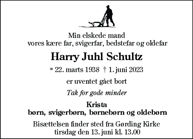Dødsannonce for Harry Schultz