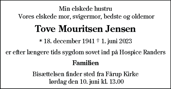 Dødsannonce for Tove Mouritsen Jensen
