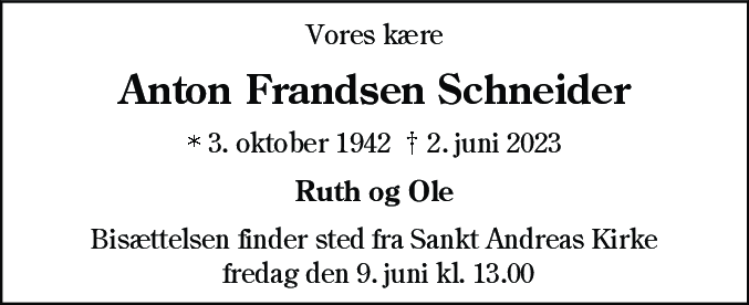 Dødsannonce for Anton Frandsen Schneider