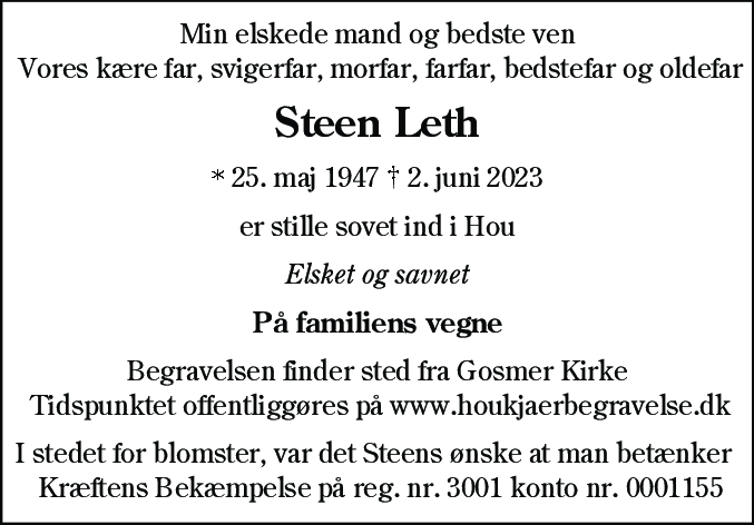 Dødsannonce for Steen Leth