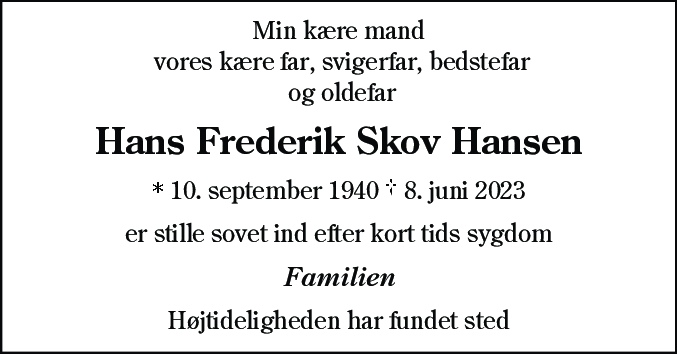Dødsannonce for Hans Frederik Skov Hansen