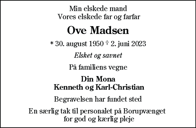 Dødsannonce for Ove Madsen